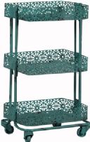Linon AMME3TIERT1 Turquoise Metal Three Tier Cart; Fun and versatile addition to a bedroom, kitchen, bathroom, office or craft area; Three shelves provide ample space for storing a variety of items, while wheels make for easy mobility; Distressed floral design adds charm and character to the metal frame; UPC 753793939834 (AMME-3TIERT1 AMME3TIER-T1 AMME-3TIER-T1) 