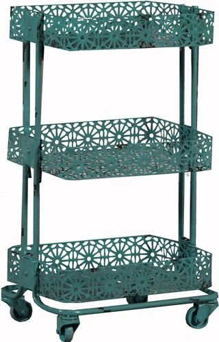 Linon AMME3TIERT1 Turquoise Metal Three Tier Cart; Fun and versatile addition to a bedroom, kitchen, bathroom, office or craft area; Three shelves provide ample space for storing a variety of items, while wheels make for easy mobility; Distressed floral design adds charm and character to the metal frame; UPC 753793939834 (AMME-3TIERT1 AMME3TIER-T1 AMME-3TIER-T1)
