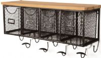 Linon AMME4DRW1 Four Basket Wall Organizer; Will add storage to an area while saving valuable floor space; Four grid style metal baskets pull out for storage 5.125"x6.5"x6.5" provide room for storing a variety of items; Nine storage hooks allow you to hang coats and bags; Antiqued stained wood top provides an additional area to display items; UPC 753793939810 (AMME-4DRW1 AMME4DR-W1 AMME-4DR-W1) 