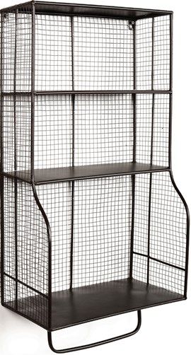 Linon AMMESHELFW1 Distressed Wall Storage Organizer; Add stylish storage to a bathroom, kitchen, office or entry; Rustic distressed grid style metal will easily complement any decor style; Three shelves provide ample space for storing and displaying a variety of items; Bottom bar is perfect for hanging towels; UPC 753793939827 (AMME-SHELFW1 AMMESHELF-W1 AMME-SHELF-W1)
