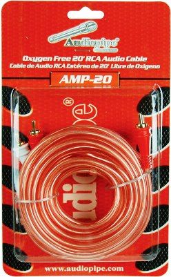 Audiopipe AMP-20 Oxygen Free High Heat Resistant RCA Cables for Amplifiers, 20' Length, 24 Kt. Gold-plated RCA Connectors, Excellent Noise Rejection, Clear Flexible Jacket (AMP20 AMP 20 Audio Pipe)