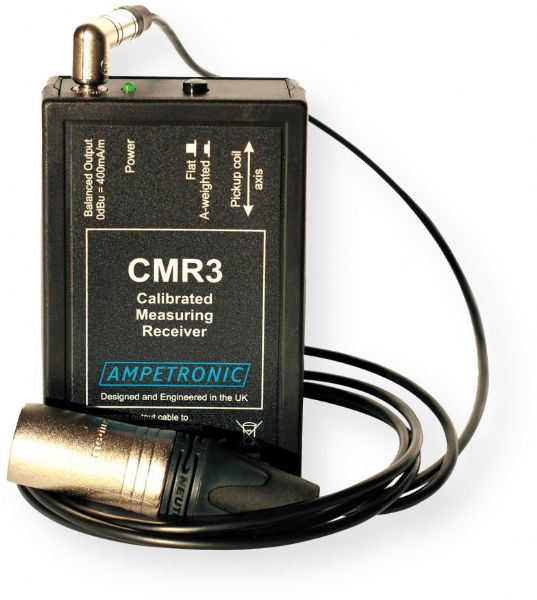 Ampetronic CMR3 Calibrated Measuring Receiver, Black; Compatible with Most Audio Analysers; Accuracy to within 0.5dB; Battery Life Approximately 200 Hours;  4.92-foot Long 3.5mm Stereo Plug to XLR Plug Adaptor Cable Supplied; OVerall Dimensions (WxDxH): 2.44