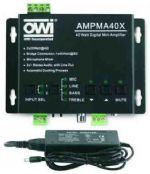 OWI AMPMA40X Digital Mini Amplifier; Two Stereo Audio Inputs Switchable by Button, included IR Remote or RS232; Volume/Bass/Treble Controllable by Button, IR Remote or RS232; 2 x 20 W @ 4 ohm as the Default Amplifier Output; Line Audio Output at 3.5 mm Jack with Volume Controllable; Bridge Connection Function; Dual-Mono Function; Input 1: 1 ea. Stereo Audio (L & R RCA); Input 2: 1 ea. Stereo Audio (3.5 Mini Jack); Input 3: 1 ea. MIC; UPC 092087110154 (AMPMA40X AMPMA40X AMPMA40X) 
