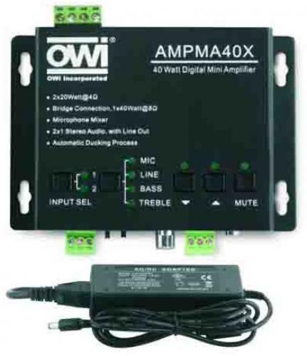 OWI AMPMA40X Digital Mini Amplifier; Two Stereo Audio Inputs Switchable by Button, included IR Remote or RS232; Volume/Bass/Treble Controllable by Button, IR Remote or RS232; 2 x 20 W @ 4 ohm as the Default Amplifier Output; Line Audio Output at 3.5 mm Jack with Volume Controllable; Bridge Connection Function; Dual-Mono Function; Input 1: 1 ea. Stereo Audio (L & R RCA); Input 2: 1 ea. Stereo Audio (3.5 Mini Jack); Input 3: 1 ea. MIC; UPC 092087110154 (AMPMA40X AMPMA40X AMPMA40X)
