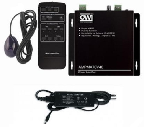 OWI AMPMA70V40 Digital, 70 Volt, Mini Amplifier/Mic Mixer/ with Remote Control, Mono Audio Output at 40 Watts, One Digital Audio Input (Optical), Two Stereo Audio Inputs, 70 Volts and 100 Volts Switchable, Input 2: 1 ea. Stereo Audio (3.5 Mini Jack), Input 3: 1 ea. Digital Audio (Optical Cable), Input Connector 3: 1 ea. SPF Fiber Connector Optical, Input Connector 4: 1 ea. 3-Pole 3.81mm Captive Screw Connector, Input Impedance: >10 k ohm, UPC 092087110239 (AMPMA70V40 AMPMA70V40 AMPMA70V40)