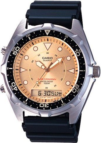 Casio AMW320R-9AV Marine Gear Watch, A traditionally stylish casual Analog watch with a multifunctional Integrated Digital watch insert, Chrome frame with gold face and rugged black wrist band (AMW320R9AV  AMW320R  9AV)