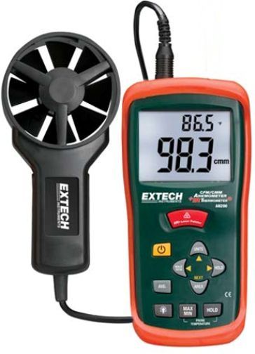 Extech AN200-NISTL CFM/CMM Thermo-Anemometer + IR Thermometer with NISTL Certificate; Built-in non-contact IR Thermometer measures remote surface temperatures to 536 Degrees Fahrenheit (280 Degrees Celsius) with 8:1 distance to spot ratio and Laser Pointer; Simultaneous display of Air Flow or Air Velocity plus Ambient Temperature; UPC: 793950452110 (EXTECHANAN200NISTL EXTECH AN200-NISTL THERMO ANEMOMETER)