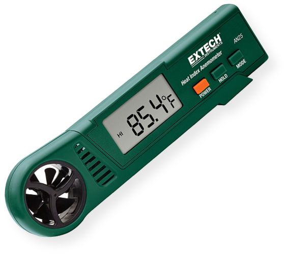 Extech AN25 Heat Index Anemometer; Heat Index measures how hot it feels when Humidity is combined with temperature, air movement, and radiant heat; Built-in multiparameter sensors measure Air Velocity, Heat Index, WGBT, Humidity, Ambient Temperature, Dew Point, Wet Bulb, Temperature, and Windchill; UPC 793950450253 (AN-25 AN 25)