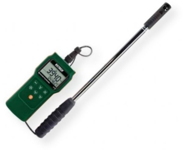 Extech AN340 Mini Vane CFM/CMM Anemometer/Psychrometer Datalogger; Telescoping 0.7 in. diameter vane sensor extends from 1ft. up to 3.3ft.; Measures Air Velocity, Air Flow, Air Temperature, Humidity, Dew Point and Wet Bulb; Manually store/recall up to 99 readings; Automatically datalog up to 12000 readings with 12/24 hour time and date stamp; UPC 793950453025 (EXTECHAN340 EXTECH AN340 ANEMOMETER PSYCHROMETER)