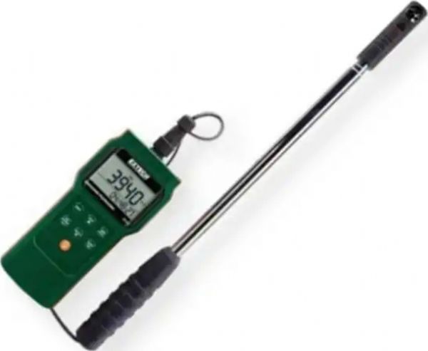 Extech AN340-NIST Mini Vane CFM/CMM Anemometer/Psychrometer Datalogger with NIST Certificate; Telescoping 0.7 in. diameter vane sensor extends from 1ft up to 3.3ft.; Measures Air Velocity, Air Flow, Air Temperature, Humidity, Dew Point and Wet Bulb; Manually store/recall up to 99 readings; Automatically datalog up to 12000 readings with 12/24 hour time and date stamp; UPC: 793950453247 (EXTECHAN340NIST EXTECH AN340-NIST ANEMOMETER PSYCHROMETER)