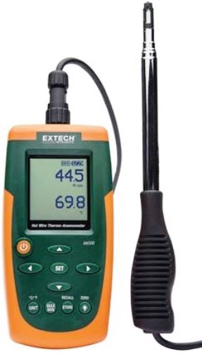 Extech AN500-NIST Hot Wire CFM/CMM Thermo-Anemometer with NIST Certificate, Reads Air Velocity and Temperature on dual display, Calculates CMM/CFM based on adjustable duct shape and size, Slim sensor (8mm) fi ts easily in 0.375