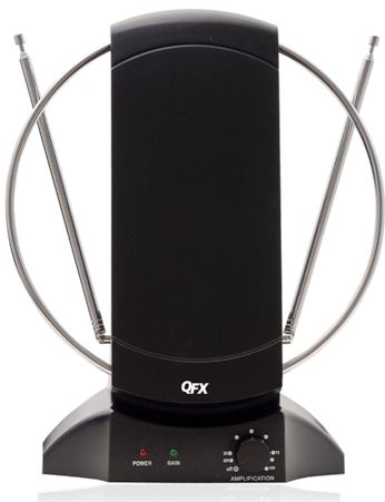 QFX ANT-101 HD/DTV/VHF/UHF/FM Radio 90 Rotating Antenna; HD, DTV and UHF Ready; HDTV 1080P, 1080i, 720P Support; Full Band DTV/VHF/UHF Receiver; Gain 28-35dB; Gain Indicator; Impedance 75 Ohms; Power 110-127V AC 60Hz; Telescoping Antennas; Gift Box Dimensions 9