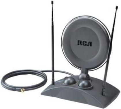 RCA ANT1250 High-power Amplified indoor TV Antenna, High-Power Amplified Indoor TV Antenna, Amplifies up to 45dB with signal pass to avoid signal saturation; 3-stage amplifier, 39 in. retractable dipoles adjust for best reception, UHF loop tilts 180 degrees and rotates 360 degrees, Integrated 3-way switch for switching between antenna and cable or satellite, UPC 079000315544 (ANT-1250 ANT 1250)