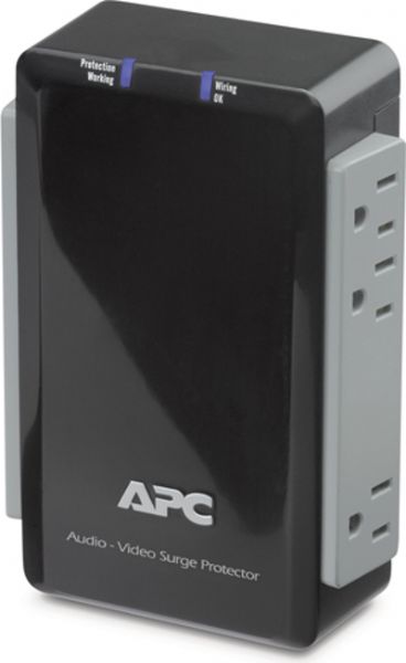 APC P6V Six-outlet Wall-mount Surge Protector With Coaxial Protection, Black Color; Building Wiring Fault Indicator; Fail Safe Mode; IEEE let-through rating and UL 1449 compliance; Noise Filtering; Lightning and Surge Protection; Transformer Block Spacing; Dimensions 6.5