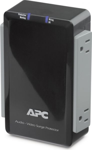 APC P4V Four-outlet Wall-mount Surge Protector With Coaxial Protection, Black Color; Building Wiring Fault Indicator; Fail Safe Mode; IEEE let-through rating and UL 1449 compliance; Noise Filtering; Protection Working Indicator; Transformer Block Spacing; Dimensions 6.5