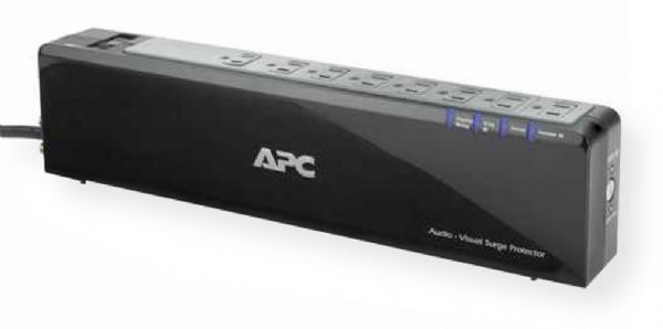 APC P8VNTG Audio/Video Power-Saving Surge Protector, 8 Outlet, Black Color; Noise Filtering; Resettable circuit breaker; Status Indicator LED's; Fail Safe Mode; IEEE let-through rating and UL 1449 compliance; Building Wiring Fault Indicator; Dimensions 15.5