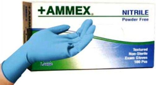 Ammex APFN40100 +AMMEX Extra Small Powder Free, Textured Nitrile Gloves, Blue, High performance, exam grade nitrile glove, Powder free and latex free, chlorinated with a micro-roughened grip, Have three times the puncture resistance of comparable latex or vinyl gloves, 100 gloves per box, UPC 697383100801 (APFN-40100 APFN 40100 AP-FN40100 APF-N40100)