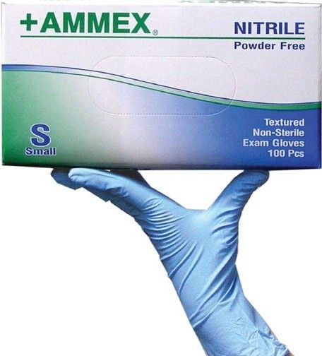 Ammex APFN42100 +AMMEX Small Powder Free, Textured Nitrile Gloves, Blue, High performance, exam grade nitrile glove, Powder free and latex free, chlorinated with a micro-roughened grip, Have three times the puncture resistance of comparable latex or vinyl gloves, 100 gloves per box, UPC 697383100818 (APFN-42100 APFN 42100 AP-FN42100 APF-N42100)