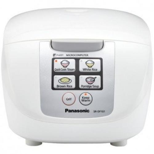 Panasonic APPA101 Microcomputer Controlled / Fuzzy Logic Rice Cooker with One Touch Cooking; Uncooked Rice Capacity up to 5 Cups; White Color; Gray Non-stick Coated Aluminum Inner Pan; Pushbutton Lid Cover; Microcomputer Controlled with Fuzzy Logic Cooking; Automatic Shutoff; Indicator Light(s); Display Panel with One-Touch Button; Domed Top; 120 AC; 60Hz Power Supply; Measuring Cup, Rice Scoop, Steaming Basket; Detachable Power Cord; UPC 885170090019 (APPA101 SR-DF101 SR-DF101 AP-PA101)