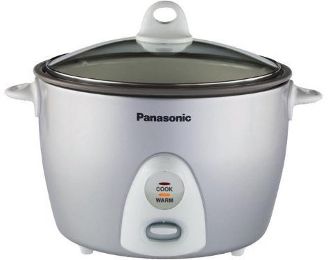 Panasonic APPA18 Automatic Rice Cooker with Steaming Basket; Uncooked Rice Capacity 10 Cups; Silver Color; Inner Pan: Non-stick Coated Aluminum; Glass Lid Cover; Automatic Cooking; Automatic Shutoff; 4 hrs. Keep Warm Time; Indicator Light(s); One-Touch Button Display Panel; Domed Top; 120 AC; 60Hz. Power Supply; Measuring Cup, Rice Scoop, Steaming Basket Included Accessories; Detachable Power Cord; 9-5/8 x 13-3/8 x 9-3/4 Dimensions W x D x H (in.) Unit; 15 Weight (lbs.); UPC 037988959365 (APPA18