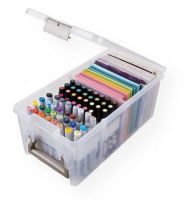 Artbin 6934AB Marker Storage Satchel; Storage box includes revolutionary trays that hold up to 64 markers/pens and lock into the satchel securing contents - even the box is flipped upside-down! Made of durable polypropylene plastic; Stackable and able to be divided into compartments; Extra marker trays sold separately (#6939AB); Overall size: 15.25"l x 8"w x 6.25"h; Shipping Weight 2.40 lbs; Shipping Dimensions 15.25 x 8.00 x 6.25 inches; UPC 071617026141 (ARTBIN6934AB ARTBIN-6934AB STORAGE) 