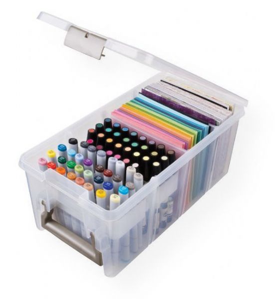 Artbin 6934AB Marker Storage Satchel; Storage box includes revolutionary trays that hold up to 64 markers/pens and lock into the satchel securing contents - even the box is flipped upside-down! Made of durable polypropylene plastic; Stackable and able to be divided into compartments; Extra marker trays sold separately (#6939AB); Overall size: 15.25