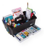 Artbin 6963AG Art Supply Caddy; Artbin professional quality construction; Comfortable carry handle with a deep central storage area for larger supplies and tool rack side slots for easy access; The latched bottom drawer opens from either side for small item storage; Color: Black/Gray; Overall size: 16.625"l x 10.25"w x 6.875"h; Shipping Weight 2.5 lb; Shipping Dimensions 16.62 x 10.25 x 6.88 in; UPC 071617047337 (ARTBIN6963AG ARTBIN-6963AG ARTWORK ACCESSORIES) 