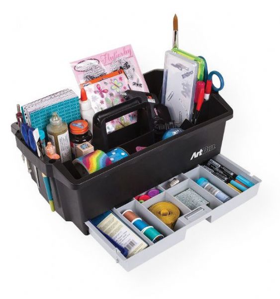 Artbin 6963AG Art Supply Caddy; Artbin professional quality construction; Comfortable carry handle with a deep central storage area for larger supplies and tool rack side slots for easy access; The latched bottom drawer opens from either side for small item storage; Color: Black/Gray; Overall size: 16.625