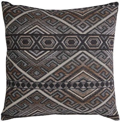 Ashley A1000236P Erata Series Pillow, 1 Unit; Abstract Aztek Design in Gray, Brown and Tan; Polyester Cover; Zipper Closure; Fiber Filler; Machine Washable; Dimensions 20.00