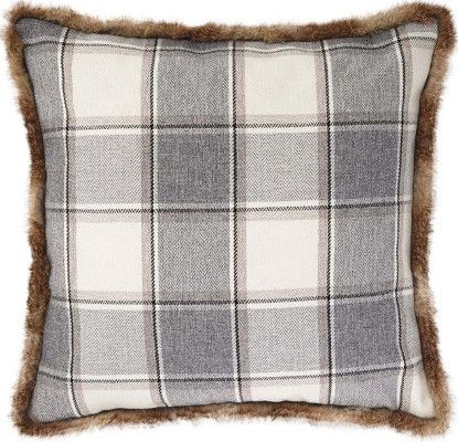 Ashley A1000313 Smythe Series Pillows, Pack of 4, Gray Color; Plaid Design in Shades of Gray, Tan and Cream with Faux Fur Trim; Polyester Cover; Zipper Closure; Fiber Filler; Dry Clean Only; Dimensions 20.00