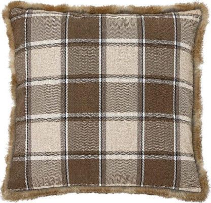 Ashley A1000314P Smythe Series Pillows, 1 Unit, Brown Color; Plaid Design in Shades of Brown, Tan and Black with Faux Fur Trim; Polyester Cover; Zipper Closure; Fiber Filler; Dry Clean Only; Dimensions 20.00