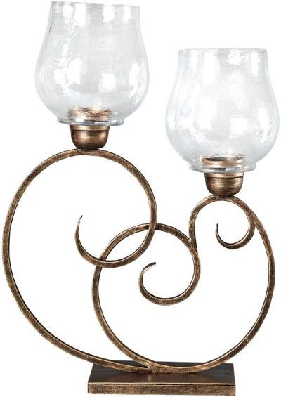  Ashley A2000201 Oba Series Set of 2 Candle Holders, Clear Glass and Antique Gold Finished Metal, Candles Not Included, Weight 22.49 lbs, UPC 024052348866 (ASHLEY A2000 201 ASHLEY A2000201 ASHLEYA2000 201 ASHLEY-A2000-201 ASHLEY-A2000201 ASHLEYA2000-201 A2000-201 A2000 201)