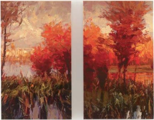 Ashley A8000009 Andie Series Set of Two Landscape Design in Bold Reds, Orange, Green and Blue; Price per Unit, Can only be purchased in Sets of 2, Gallery Wrapped Canvas Wall Art; Giclee Reproduction; Sawtooth for Hanging; Dimensions 18.88