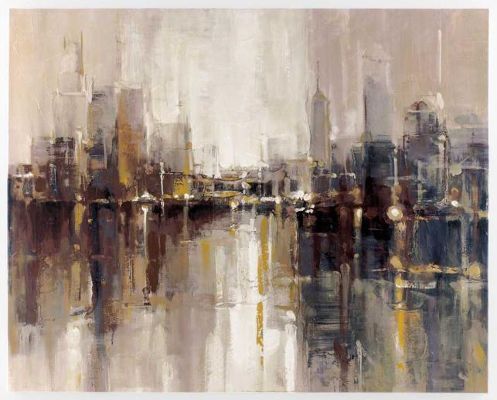 Ashley A8000083 Barid Series Wall Art; Abstract Cityscape Design in Brown, Gray, White and Yellow; Gallery Wrapped Canvas Wall Art; Giclee Reproduction; Sawtooth for Hanging; Dimensions 49.00