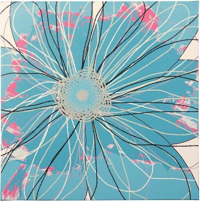  Ashley A8000174 Berdina Series Wall Art; Flower Design in Blue, Black, Gray and White; Gallery Wrapped Canvas Wall Art; Giclee Reproduction; Sawtooth for Hanging; Dimensions 24.75