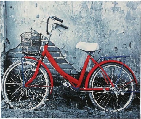  Ashley A8000178 JacobienSeries Wall Art; Bike Design in Blue, Red and White; Gallery Wrapped Canvas Wall Art; Giclee Reproduction; Sawtooth for Hanging; Dimensions 30.00