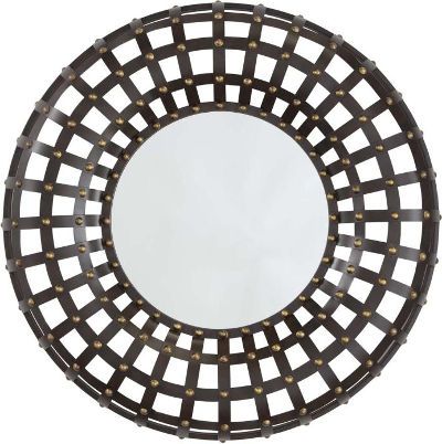 Ashley A8010017 Ogier Series Accent Mirror, Burnished Brown and Gold Finished Metal Framed Mirror, Gridwork Design with Nailhead, Keyhole Bracket for Hanging, Dimensions 36.25