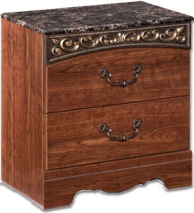 Ashley B105-92 Fairbrooks Estate Two Drawer Night Stand, Glossy reddish/brown finish over replicated cherry grain, Glossy faux stone top, Dimensions 24.84