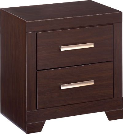  Ashley B165-92 Aleydis Series Two Drawer Night Stand, Warm brown finish over replicated oak grain, Sculpted large handles with a satin nickel color finish, Side roller glides for smooth operating drawers, Dimensions 23.90
