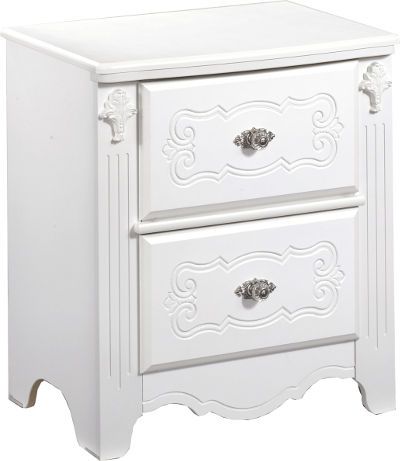  Ashley B188-92 Exquisite Series Two Drawer Night Stand, French styled youth collection has a luminous replicated white paint, The drawers are framed with a decorative emboss, The hardware is a satin nickel color and acrylic accentuated with details, Appliques and rosettes provide additional detail, Side roller glides for smooth operating drawers, Dimensions 23.19