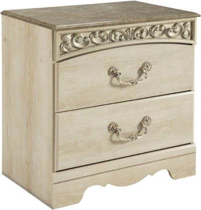  Ashley B196-92 Catalina Series Two Drawer Night Stand, Light opulent color over replicated Grand Chestnut grain, Curving friezes with deeply carved scroll motifs in a champagne color tipping, Large scaled bail with rosettes in a dark champagne color finish, Side roller glides for smooth operating drawers, Dimensions 24.84