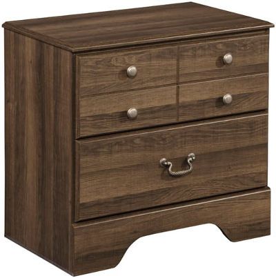  Ashley B216-92 Allymore Series Two Drawer Night Stand, Vintage aged brown rough sawn finish over replicated oak grain, Warm bronze color finished drawer handles, Side roller glides for smooth operating drawers, Dimensions 25.12