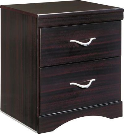  Ashley B217-92 Zanbury Series Two Drawer Night Stand, Merlot finish over a replicated mahogany grain, Dramatic satin nickel swoop shaped hardware, Side roller glides for smooth operating drawers, Slim profile dual USB charger located on the back of the night stand tops, Dimensions 19.92