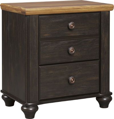  Ashley B220-92 Maxington Two Drawer Night Stand, Two-tone finish, Dark brown replicated worn through paint and a vibrant replicated dry cherry with authentic touch, Features bun feet, Side roller glides for smooth operating drawers, Slim profile dual USB charger located on the back of the night stand tops, Dimensions 24.37