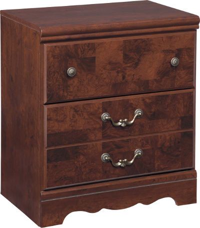  Ashley B223-92 Delianna Two Drawer Night Stand, Rich dark reddish brown finish with replicated Cherry grain frame and faux Burl fronts, Large decorative hardware features fluting and acanthus leaf detail tipped with antique gold, Side roller glides for smooth operating drawers, Slim profile dual USB charger located on the back of the night stand tops, Dimensions 24.33