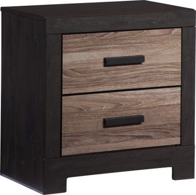 Ashley B325-92 Harlinton Series Two Drawer Night Stand, Warm gray vintage finish with white wax effect and replicated oak grain, Cases framed with vintage aged black/brown finish over replicated oak grain, Side roller glides for smooth operating drawers, Slim profile dual USB charger for the back of the night stand tops, Dimensions 23.90