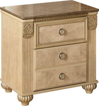  Ashley B346-92 Saveaha Series Two Drawer Night Stand, Crisp parchment light opulent finish over replicated maple and burl grains, Faux marble case top, Metallic champagne tipped beads and rope details, Framed top drawers with gilded bead detail, Side roller glides for smooth operating drawers, Fluted bun style feet support the cases, Detailed champagne metallic hardware, Dimensions 25.67