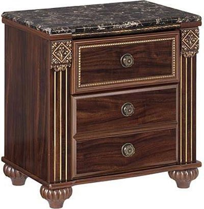  Ashley B347-92 Gabriela Series Two Drawer Night Stand; Deep dark red finish with replicated mahogany grain; Richly finished beads, carvings and rope details; Framed top drawers with gilded bead detail; Glossy faux marble tops; Side roller glides for smooth operating drawers; Fluted bun style feet support the cases; Detailed antique gold color hardware; Dimensions 25.67