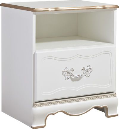  Ashley B355-91 Korabella Series One Drawer Night Stand; White finish over replicated oak grain; French inspired collection with rose gold color accent featuring scroll, leaf and bead details; Dimensions 19.88