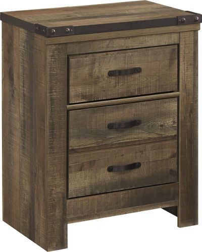  Ashley B446-92 Trinell Series Two Drawer Night Stand, Warm rustic plank finish over replicated Oak grain and authentic touch, Top of the case is captured with nail trimmed corner pieces, Side roller glides for smooth operating drawers, Handles feature nailhead trim in a dark bronze metal finish, Slim profile dual USB charger located on the back of the night stand tops, Dimensions 24.72